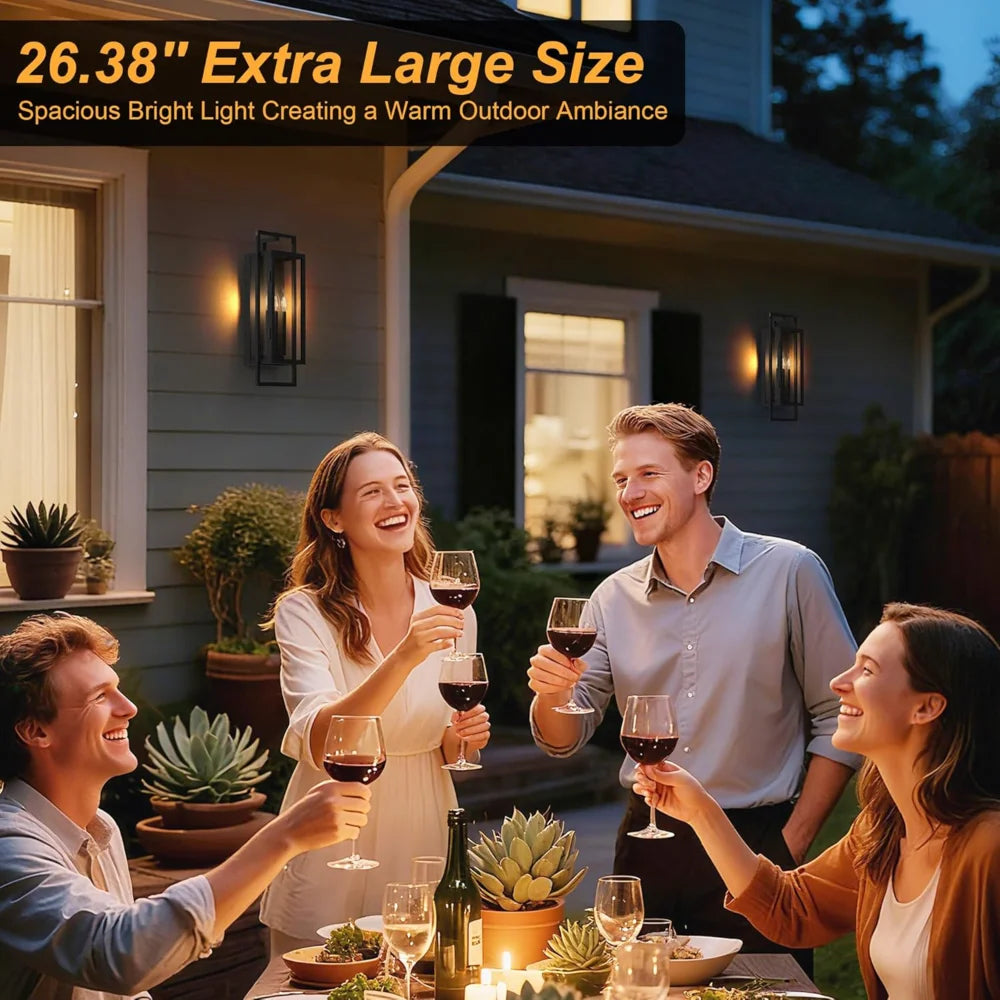 25" 3-Light Outdoor Wall Mount Fixture, Dusk-to-Dawn Black Metal Sconce with Seeded Glass Shade, Auto On/Off Waterproof Porch Light for House Exterior Patio (No Bulb)