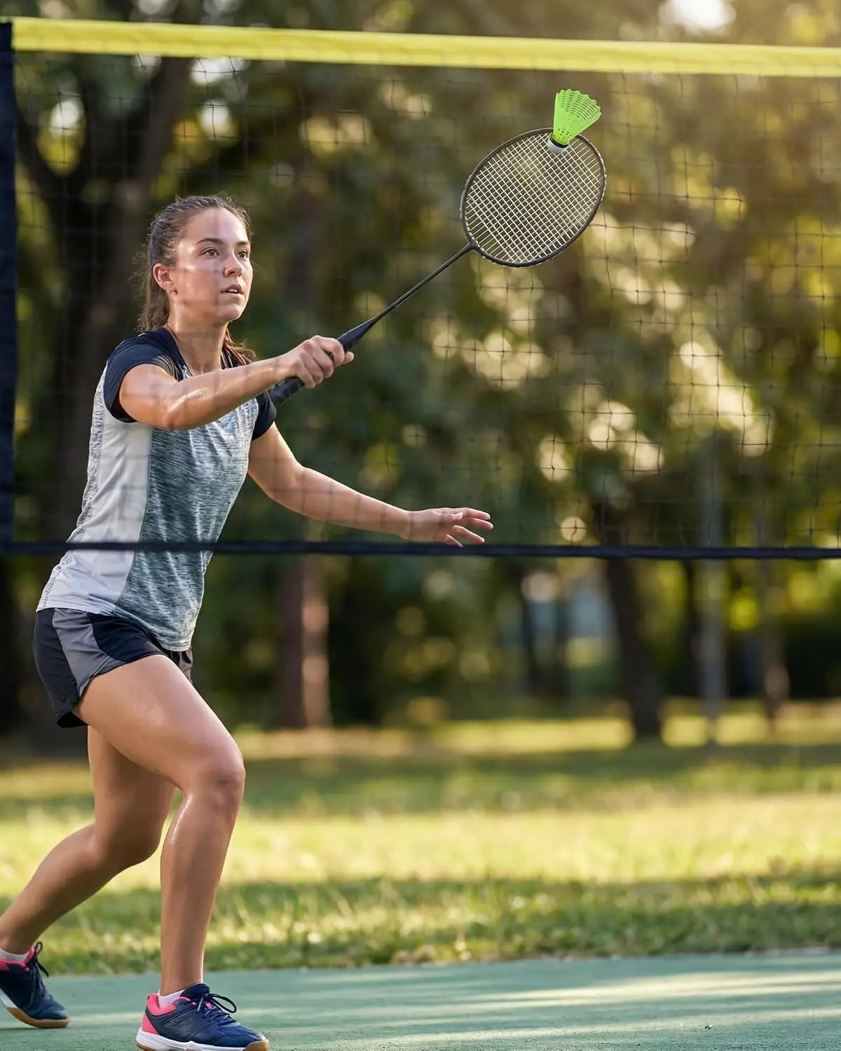Tacleekii Badminton Net 16.8ft, Portable Set with 4 Rackets, Height Adjustable 3.5-5ft,16.8ft Court,4 Players,4 Sports In One Net,Kit + Carry Bag Included,Tool-Free Setup