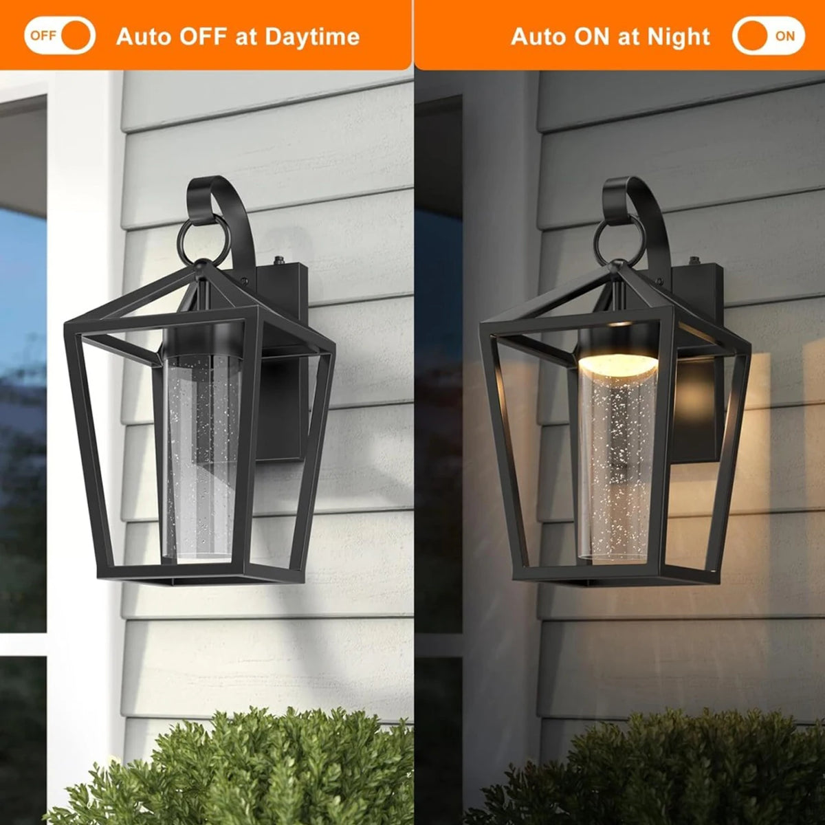 Outdoor Dimmable LED Wall Light 15 Inch Black Seeded Glass Dusk to Dawn Auto On/Off Sconce for Porch Patio Entryway