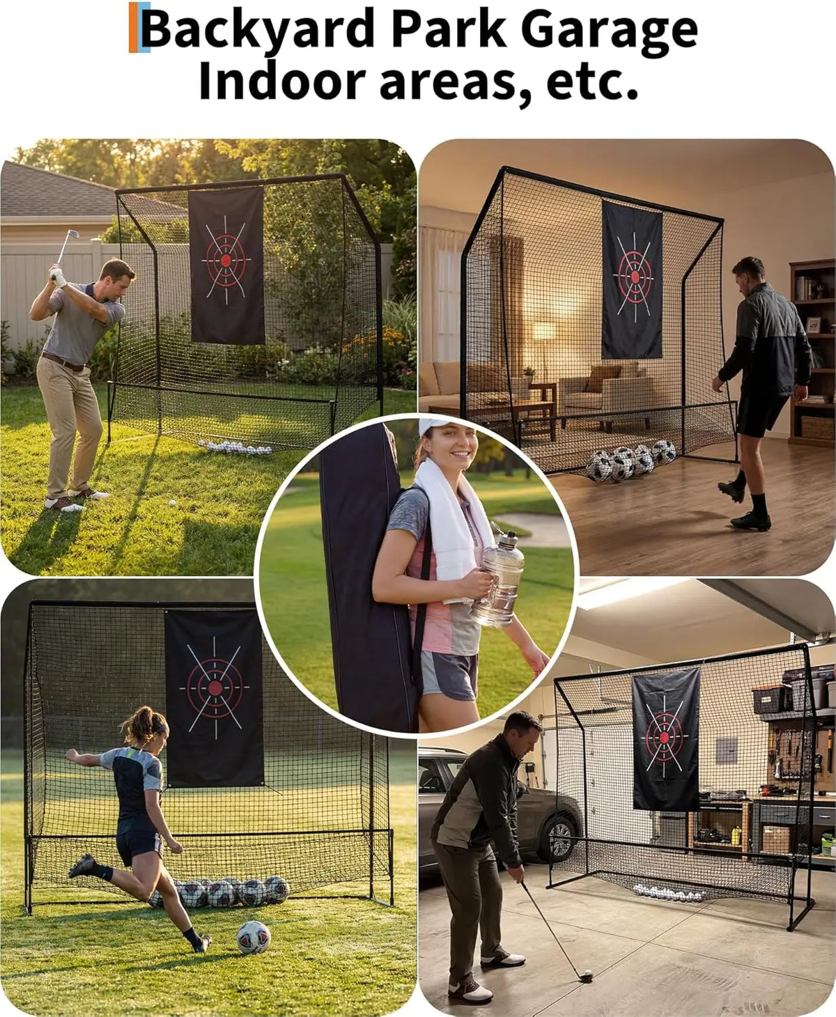 Black Golf Hitting Practice Net with Aiming Panel | lightweight foldable frame design, built-in bottom ball storage pocket, fit indoor garage and backyard outdoor swing practice