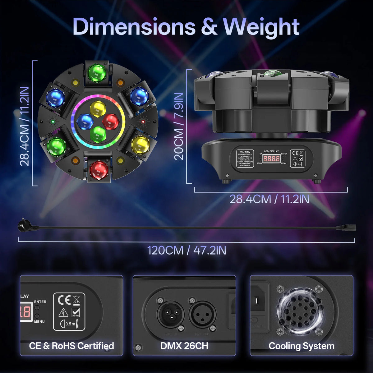 Rudderstar 150W Beam Moving Head Light 6Arms Bee-Eye LED Effect Lights 4in1 RGBW Strobe Light Party Stage Lighting Projector