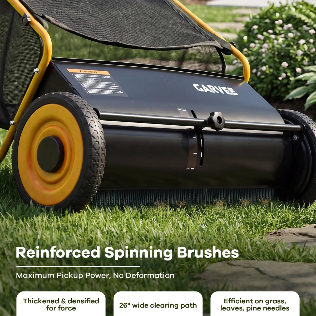 Push Lawn Sweeper 26in Leaf & Grass Collector, 7 Cu.Ft Hopper Bag With Cover, Adjustable Brush Height, Steel Yard Sweeper