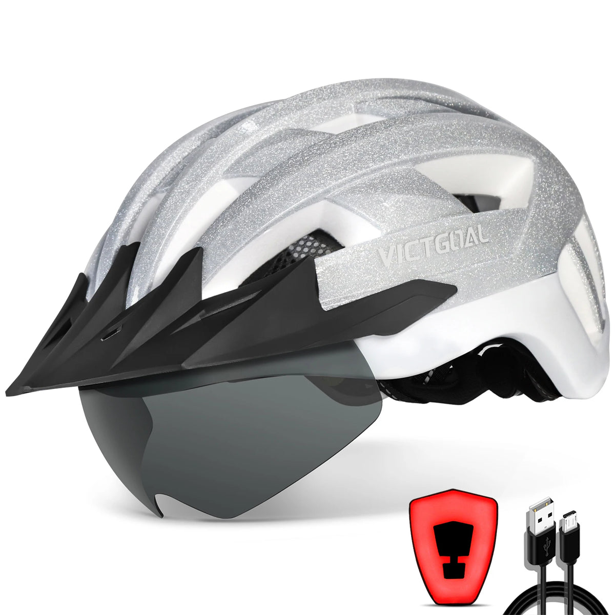 Victgoal Adult Bike Helmet With USB Light And Goggles