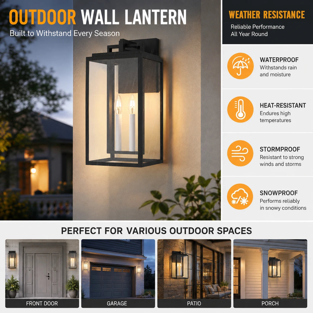 2 - Light 18'' H Black and White E12 Base Outdoor Wall Light with Clear Tempered Glass(not included bulbs)
