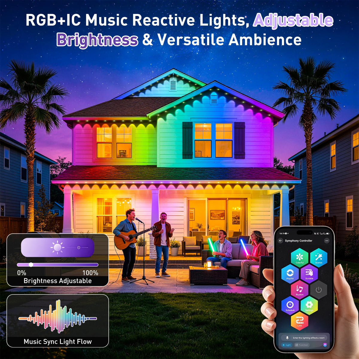100FT Permanent Outdoor Lights Rgbic, Outdoor Christmas Lights, Smart RGBIC App Control with 60 LEDs, LED Eaves Lights IP67 Waterproof, House Roof Outdoor Lighting for Party, Daily, Halloween, Garden
