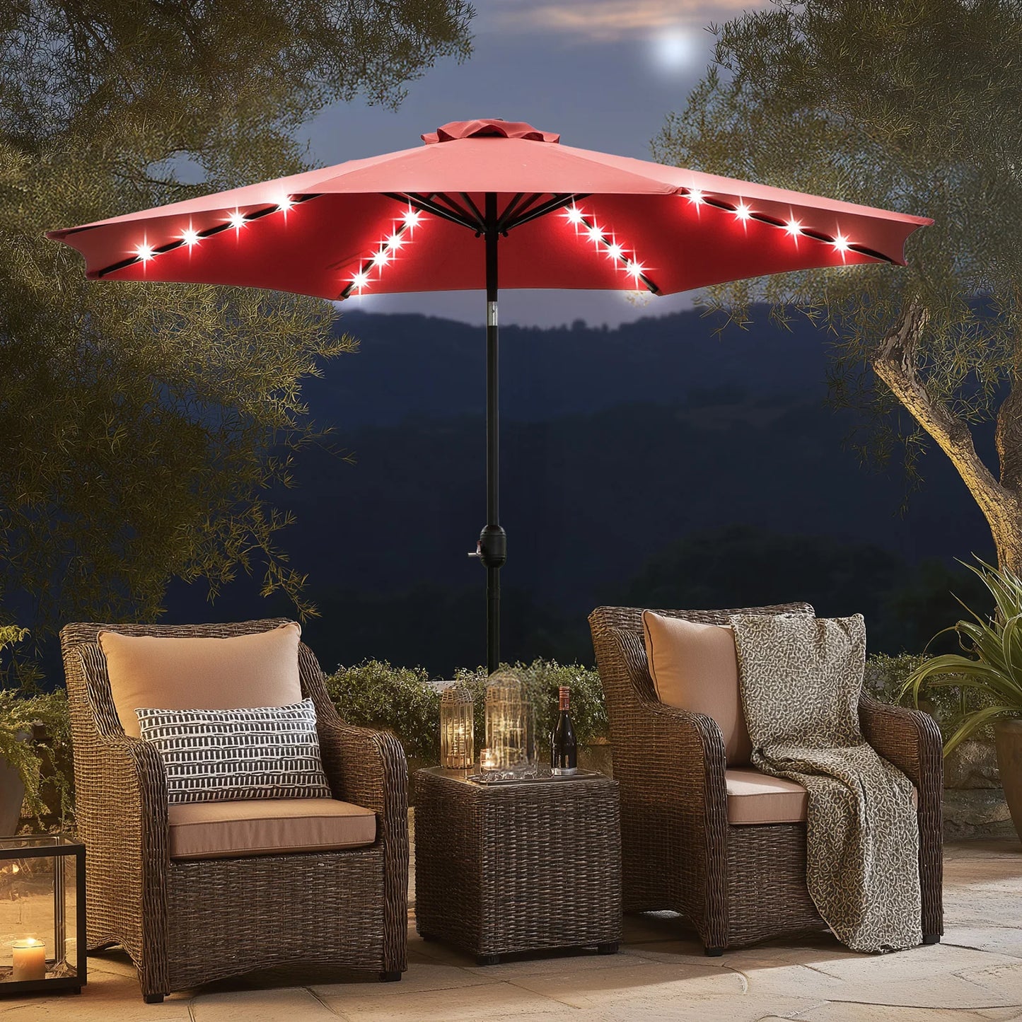 JHK 10Ft Solar Patio Umbrella With Led Lights And Tilt