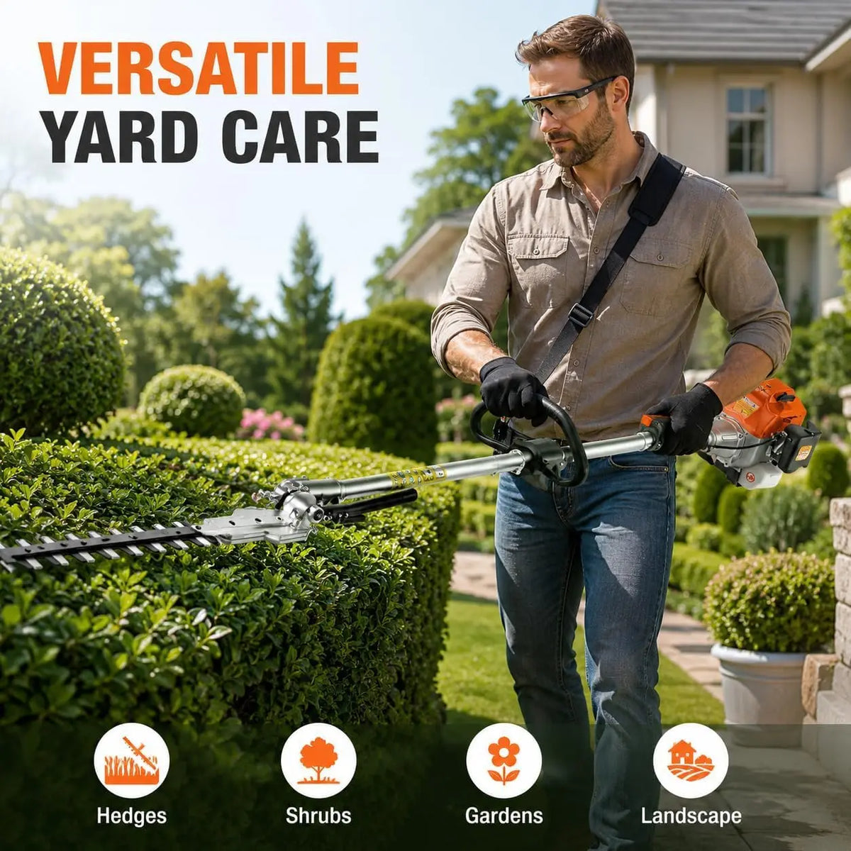 Tacleekii Gas Hedge Trimmer 2 Cycle Engine 24 Inch Dual Action Blade Multi Tool 43CC Engine Options Long Reach Shaft,Anti Vibration Handle,Hedge Care,Yard Landscaping
