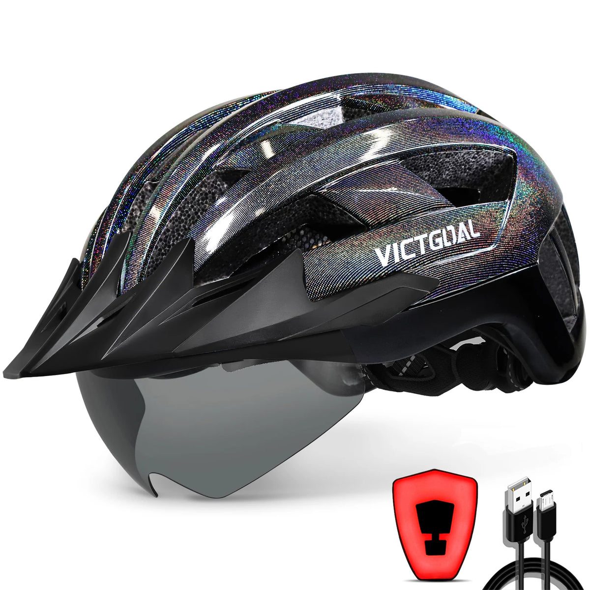 Victgoal Adult Bike Helmet With USB Light And Goggles