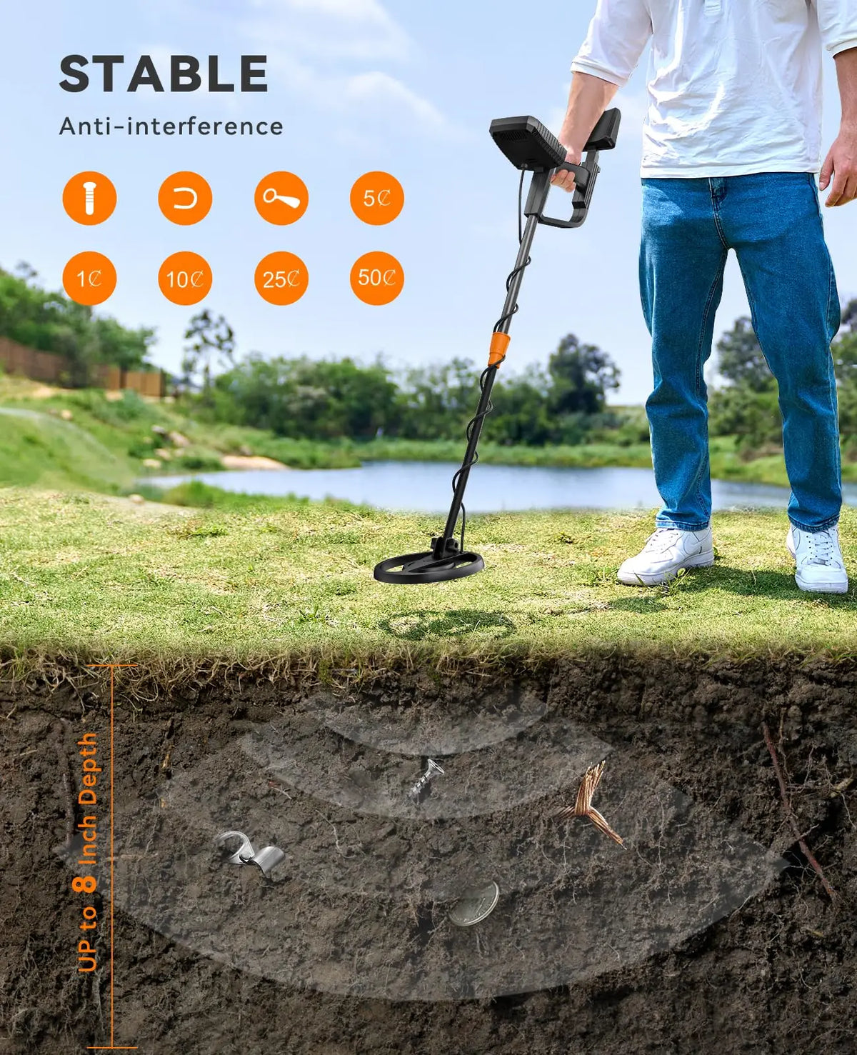 SUNPOW Professional Metal Detector for Adults,8" IP68 Waterproof Coil,4 Modes LCD,Lightweight Pinpoint Gold Detector,Outdoor Treasure Hunting Coin Relic Finder