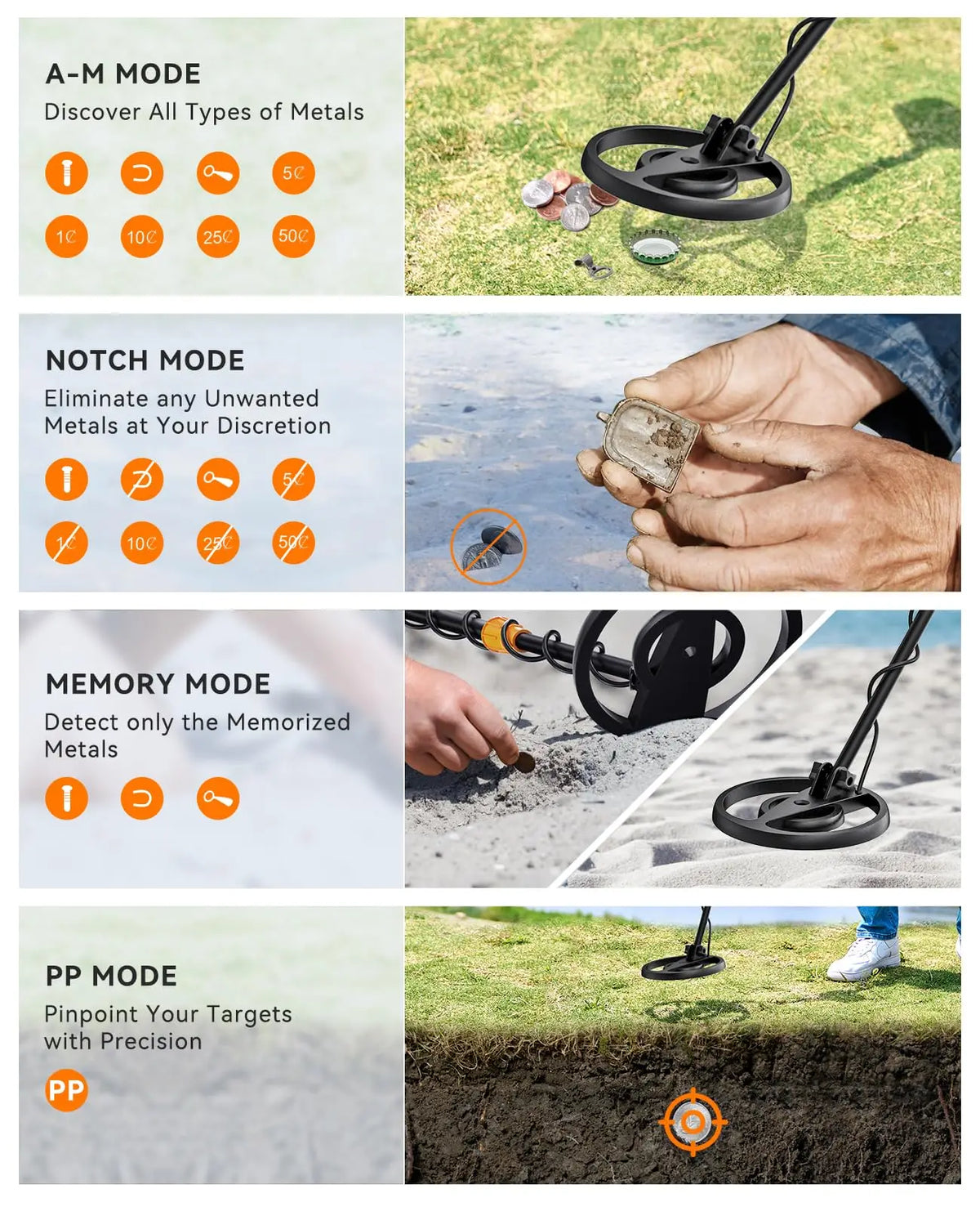SUNPOW Professional Metal Detector for Adults,8" IP68 Waterproof Coil,4 Modes LCD,Lightweight Pinpoint Gold Detector,Outdoor Treasure Hunting Coin Relic Finder