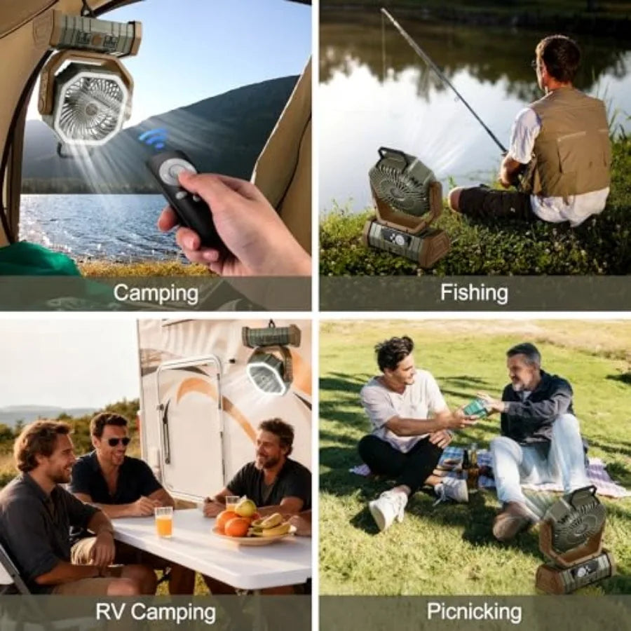 30000mAh Camping Fan with LED Lantern, Rechargeable Battery Operated Oscillating with Remote Hook, Portable Tent Fan with Timer