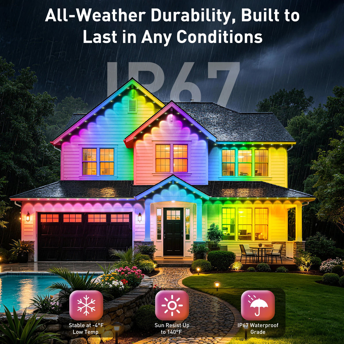 100FT Permanent Outdoor Lights Rgbic, Outdoor Christmas Lights, Smart RGBIC App Control with 60 LEDs, LED Eaves Lights IP67 Waterproof, House Roof Outdoor Lighting for Party, Daily, Halloween, Garden