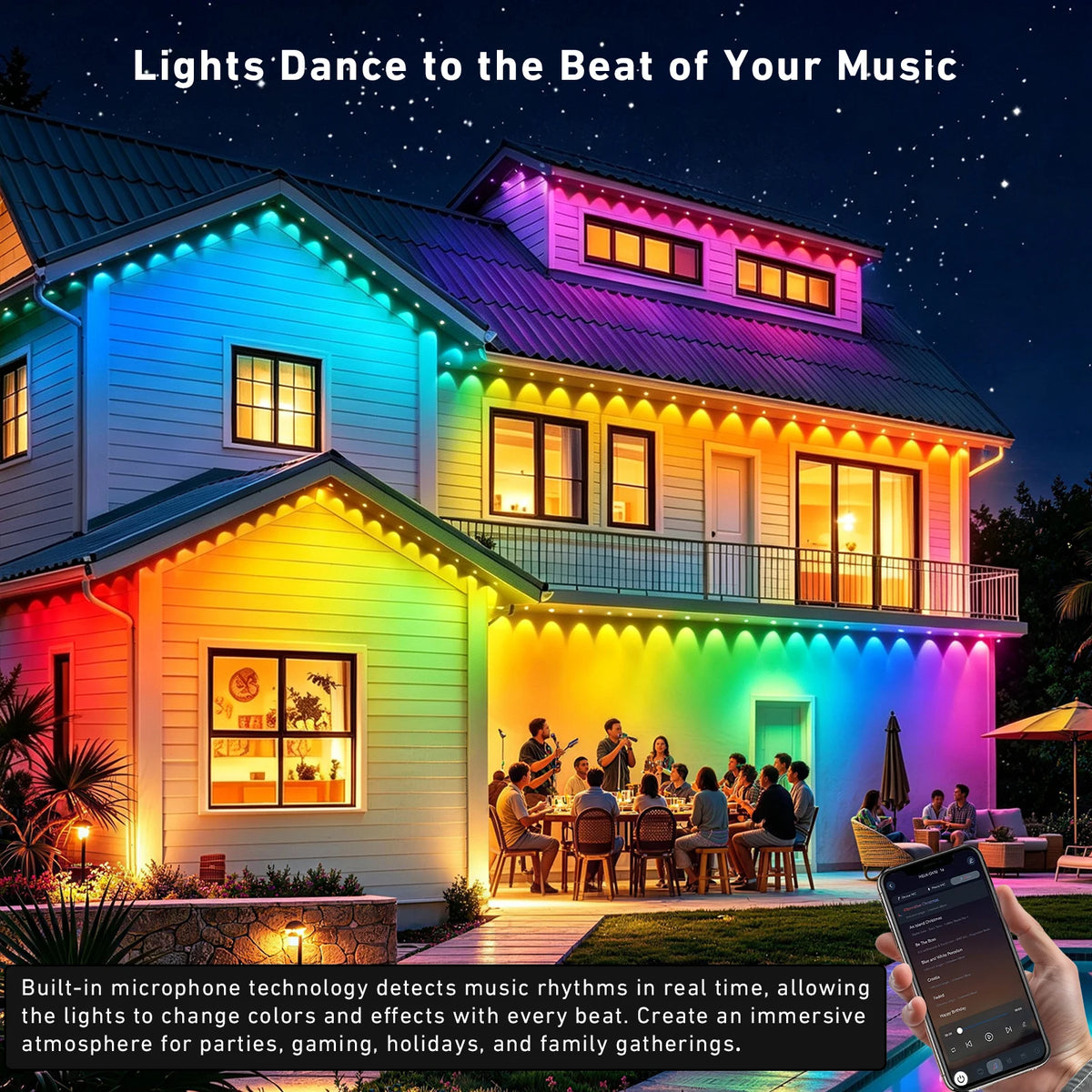 600FT Permanent Outdoor String Lights RGB+IC,IP67 Waterproof Eaves Lights, App & Remote Control, Music Sync, MyDIY Timer, Easy Install for Patio, Roofline, Garden, Deck, Fence Holiday Decor