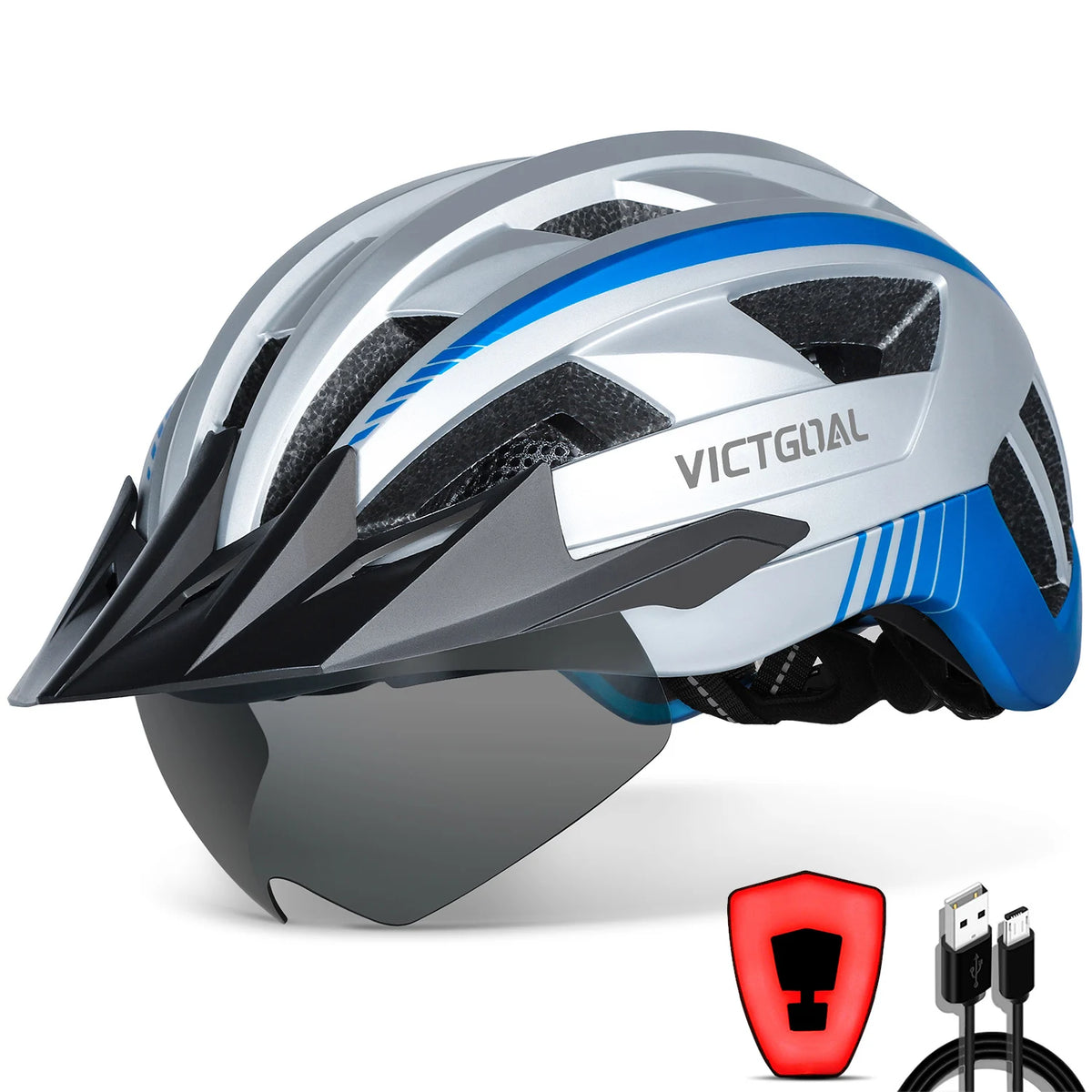 Victgoal Adult Bike Helmet With USB Light And Goggles