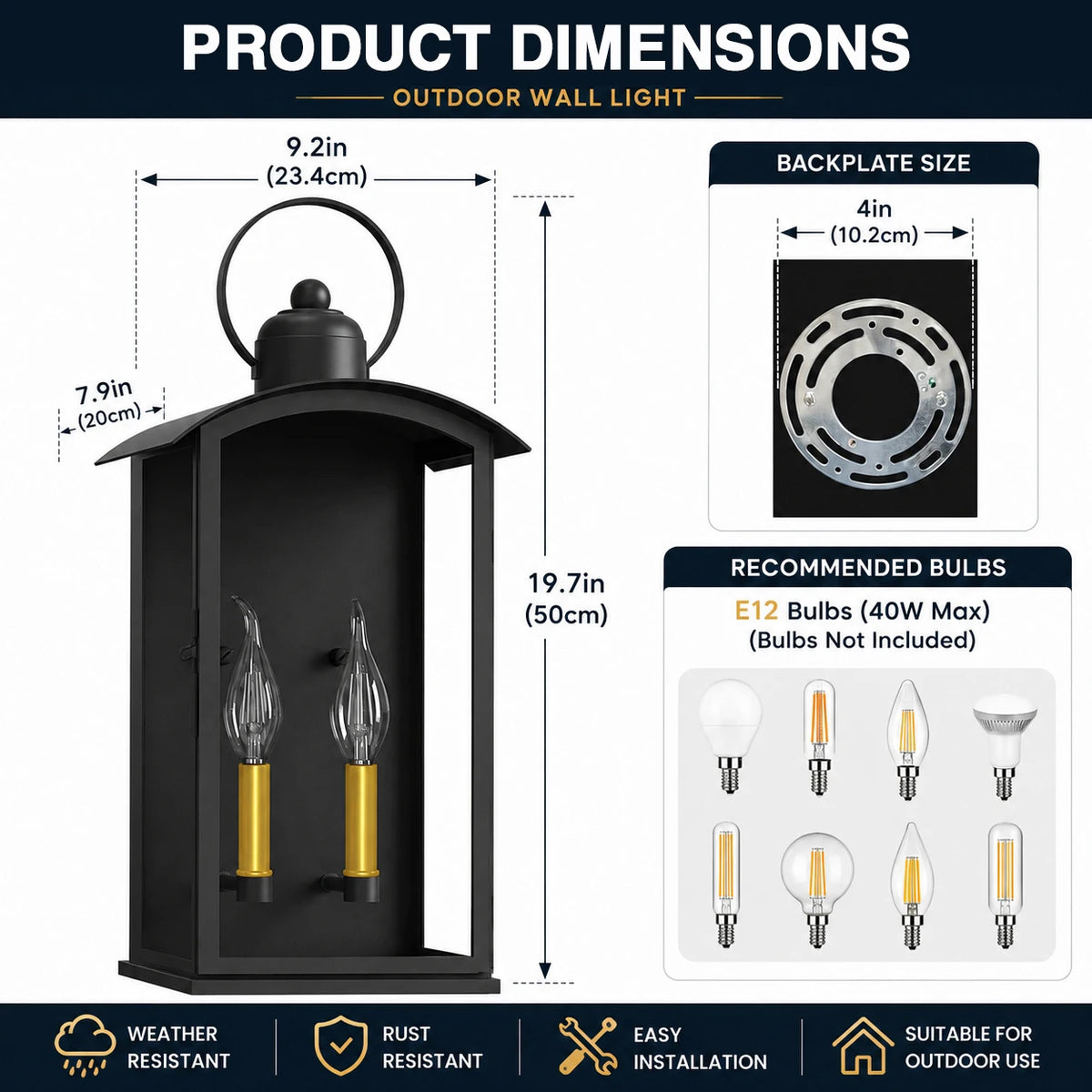 19.7 in Dusk to Dawn Outdoor Wall Sconce, Matte Black Waterproof large exterior lantern with front-open window design for patio, porch, and entry walls(not included bulbs)
