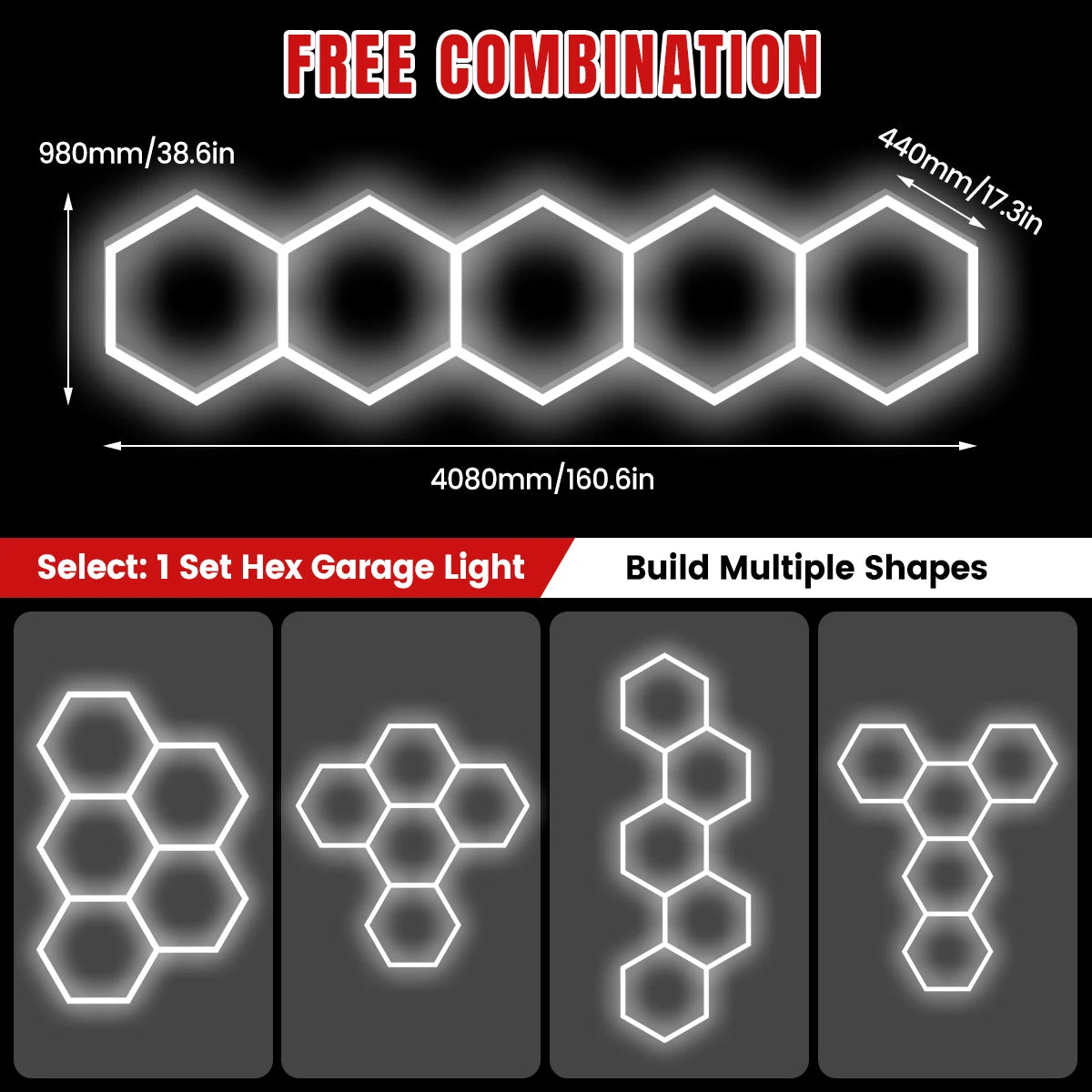 Local Warehouse: A set of honeycomb hexagonal structures with various shapes, 6500K cold white light lifting and screw installation, suitable for warehouses, 4S workshops,wash shops, and hair salons, installed on garage ceili