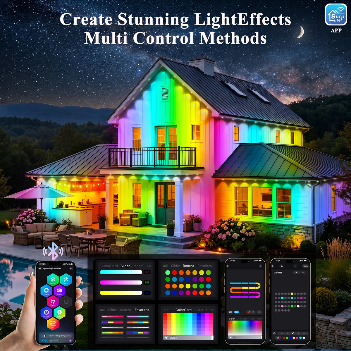 Permanent Outdoor Lights 200FT ,RGB+IC App ControlRemote, IP67 Waterproof Lighting,Outdoor Lights for Chasing Lights,Garden Decor,House,Party,Holiday,Smart