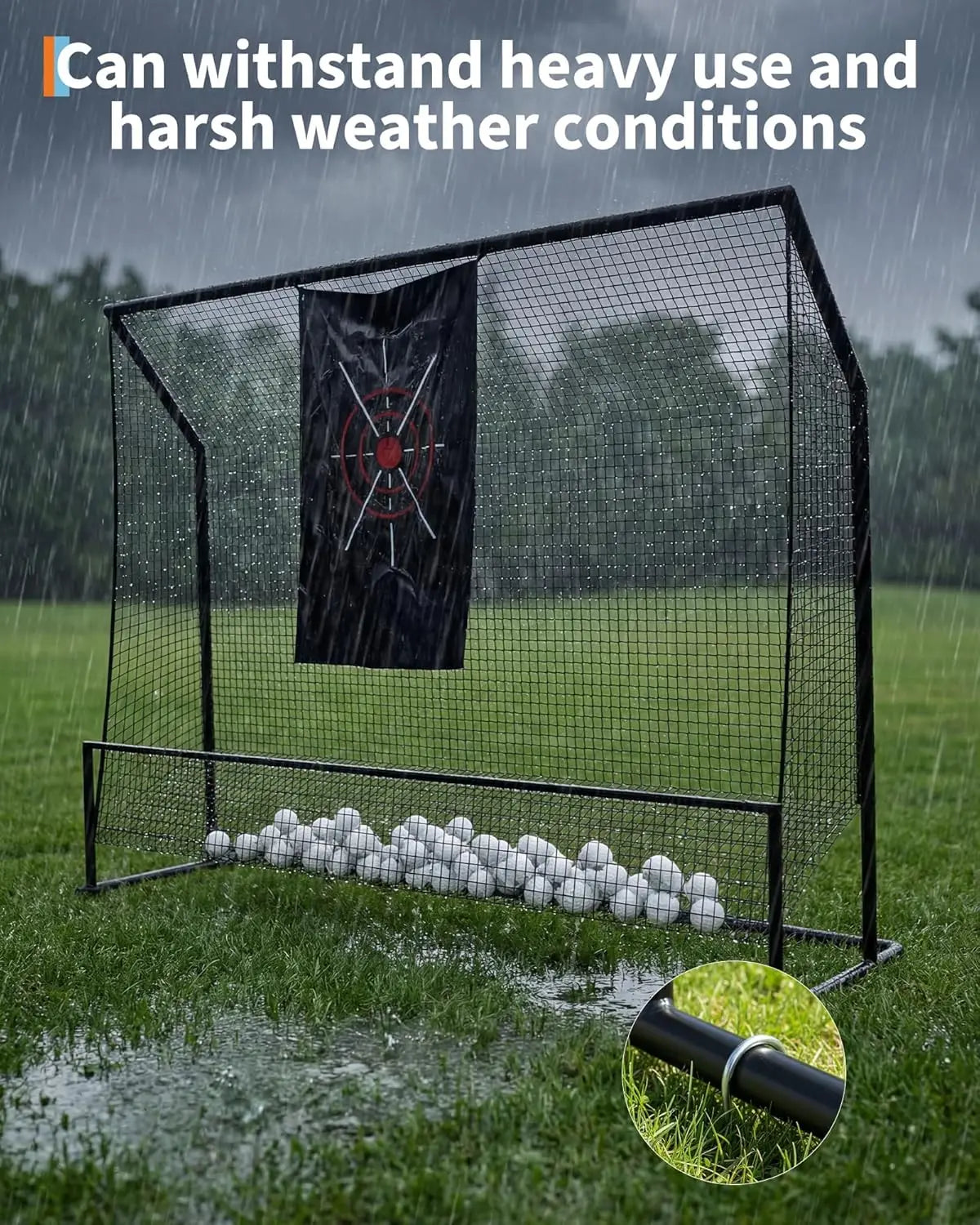 Black Golf Hitting Practice Net with Aiming Panel | lightweight foldable frame design, built-in bottom ball storage pocket, fit indoor garage and backyard outdoor swing practice
