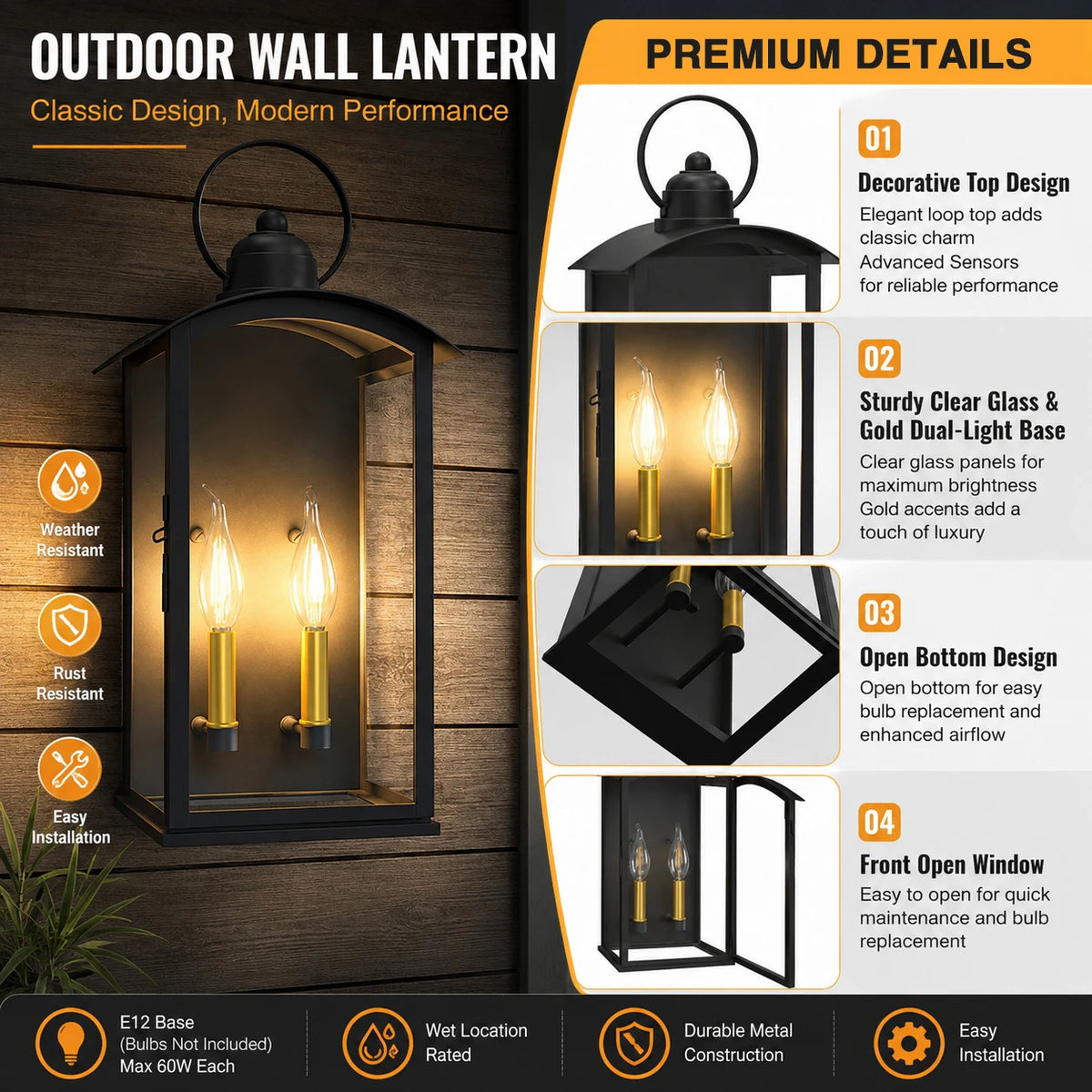 19.7 in Dusk to Dawn Outdoor Wall Sconce, Matte Black Waterproof large exterior lantern with front-open window design for patio, porch, and entry walls(not included bulbs)