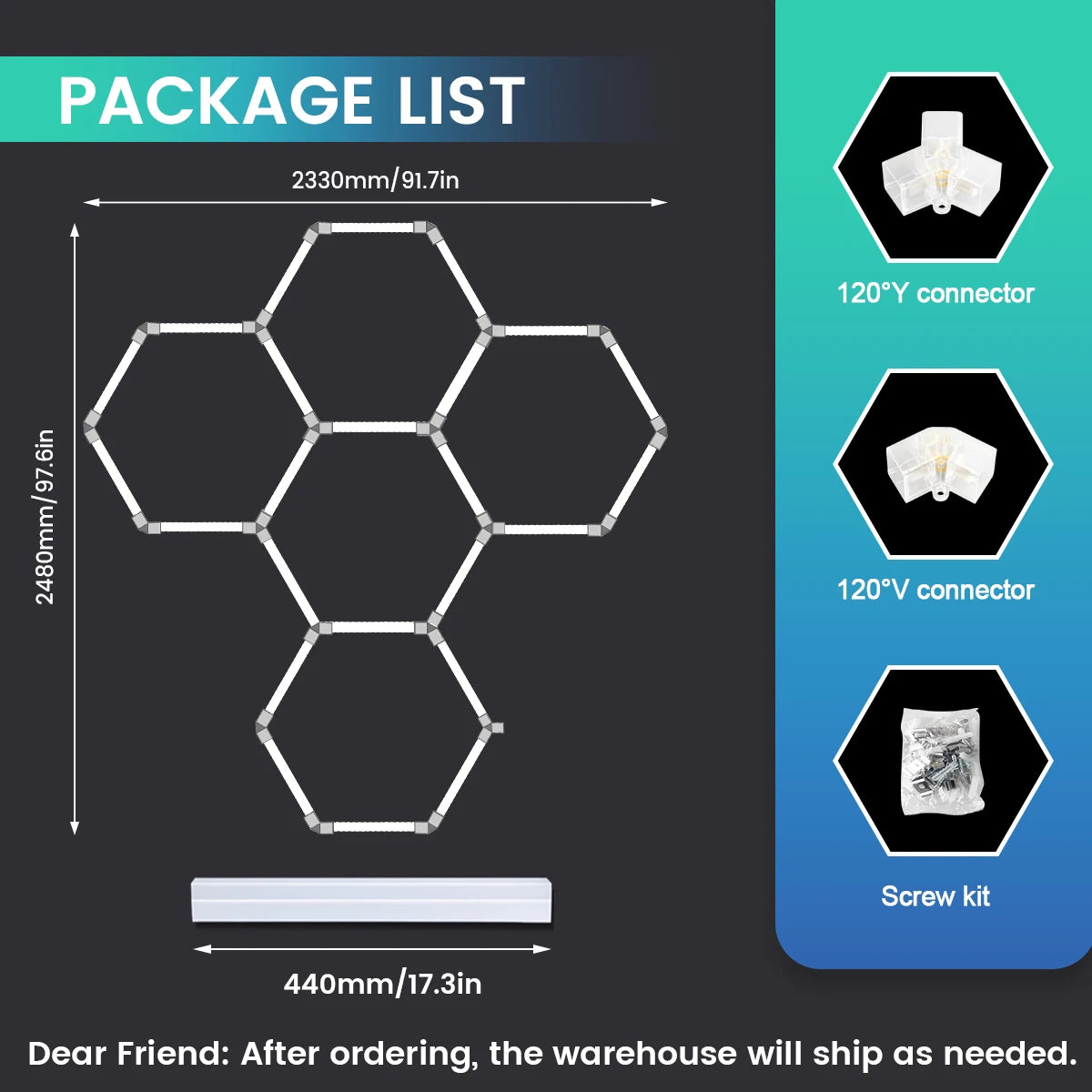 Local Warehouse: A set of honeycomb hexagonal structures with various shapes, 6500K cold white light lifting and screw installation, suitable for warehouses, 4S workshops,wash shops, and hair salons, installed on garage ceili