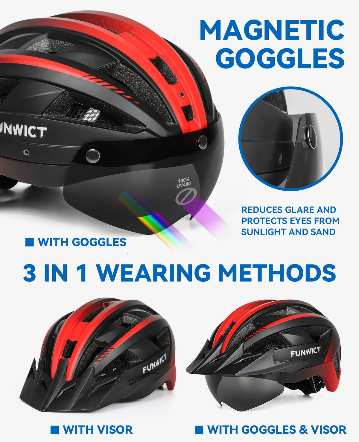 Funwict Cycling Helmet With Goggles And Rear Light