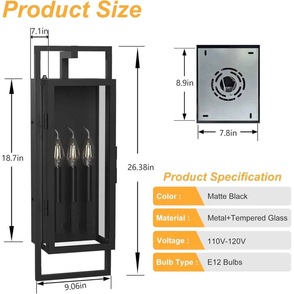 25" 3-Light Outdoor Wall Mount Fixture, Dusk-to-Dawn Black Metal Sconce with Seeded Glass Shade, Auto On/Off Waterproof Porch Light for House Exterior Patio (No Bulb)