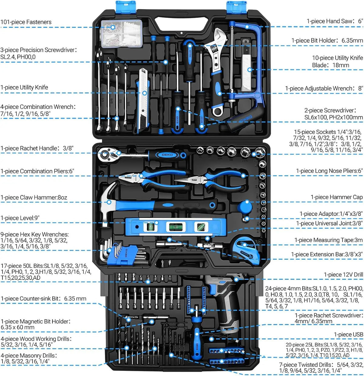 DEKO Cordless Drill And Home Repair Tool Kit