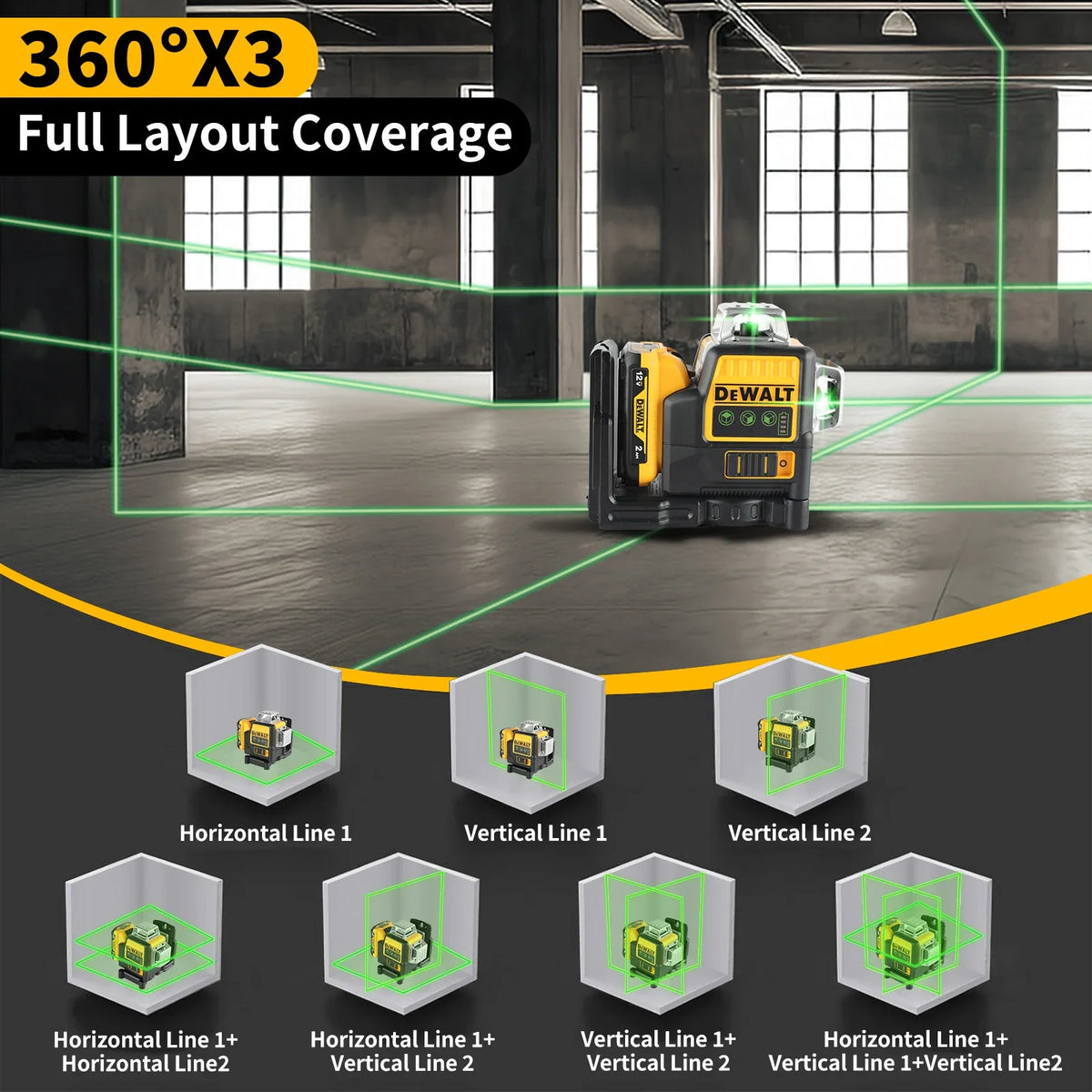 2026 Dewalt DW089LG 12V Vertical & Horizontal, 12 Line, Ideal for Indoor/Outdoor Project Lithium Green Laser Level 3 Sided 360°