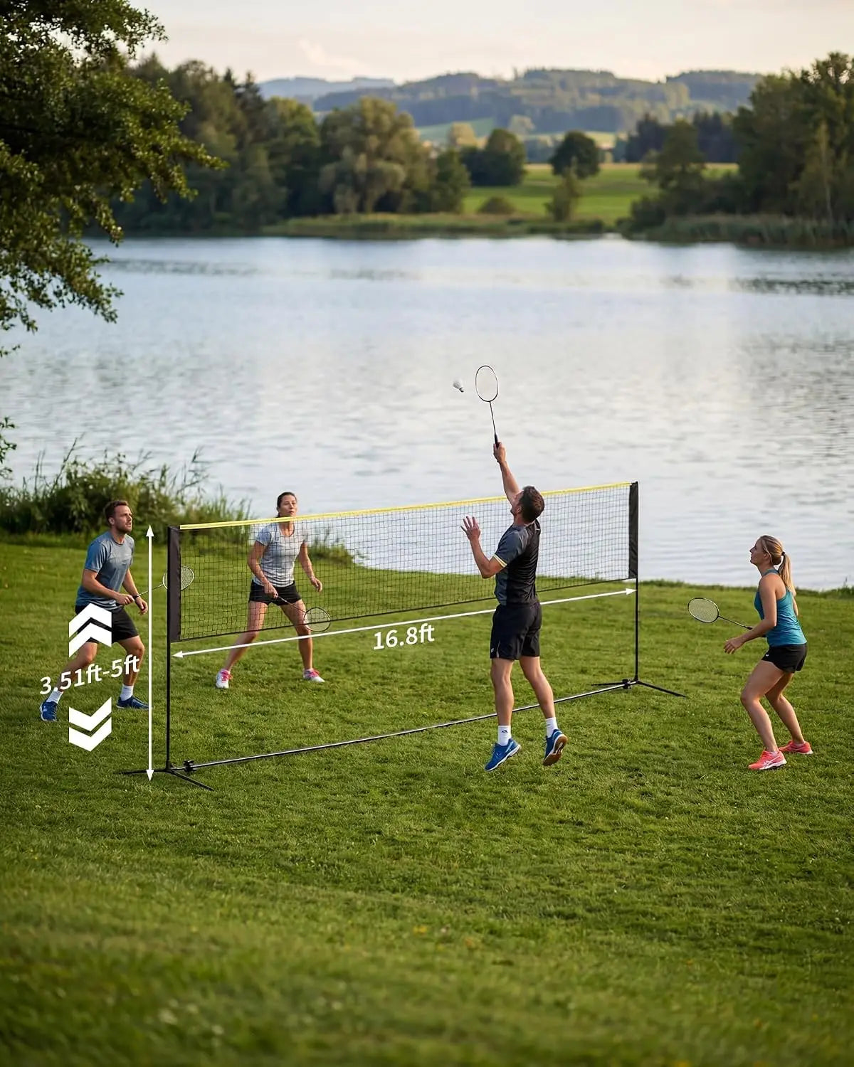 Tacleekii Badminton Net 16.8ft, Portable Set with 4 Rackets, Height Adjustable 3.5-5ft,16.8ft Court,4 Players,4 Sports In One Net,Kit + Carry Bag Included,Tool-Free Setup