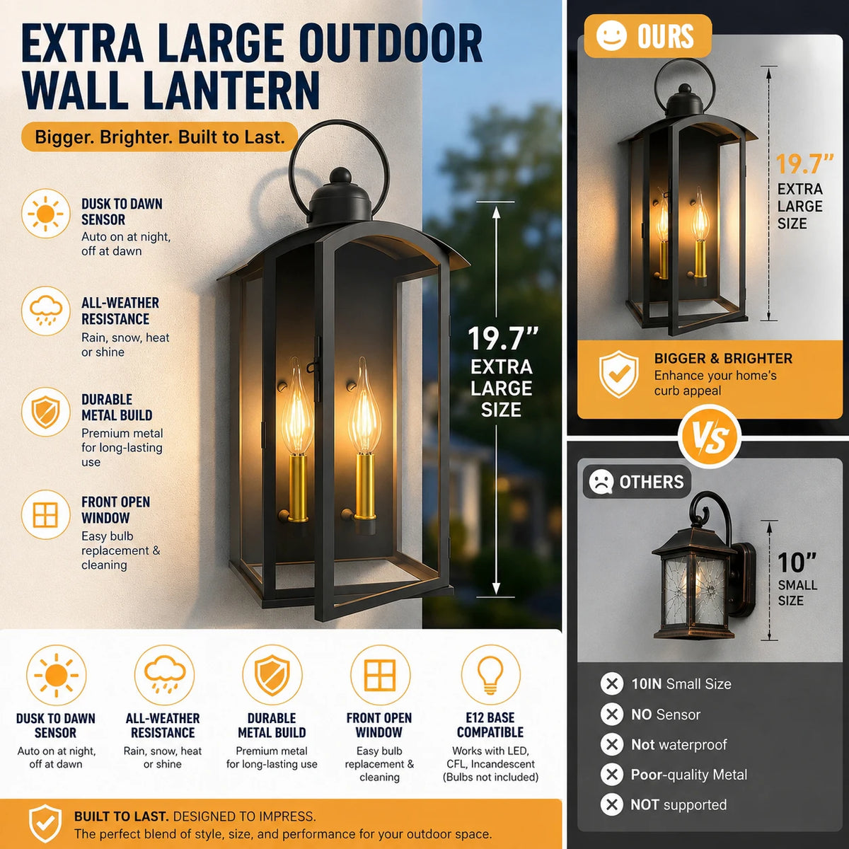 19.7 in Dusk to Dawn Outdoor Wall Sconce, Matte Black Waterproof large exterior lantern with front-open window design for patio, porch, and entry walls(not included bulbs)