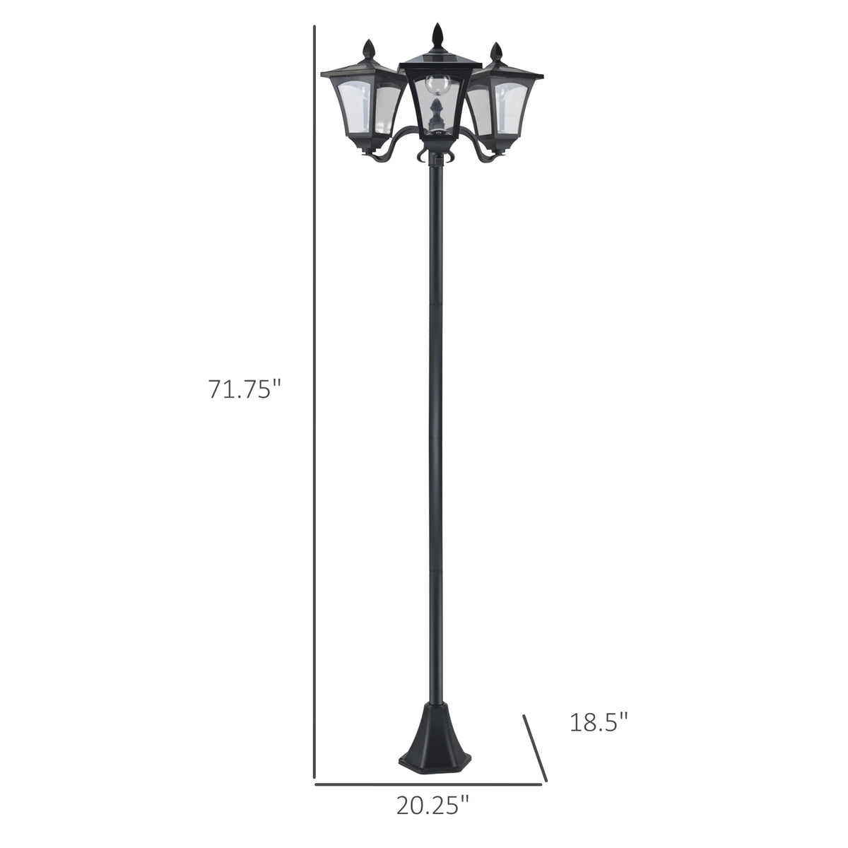 72" Outdoor Solar Light Post, All-Weather, Triple Head Lamp, Driveway, Black