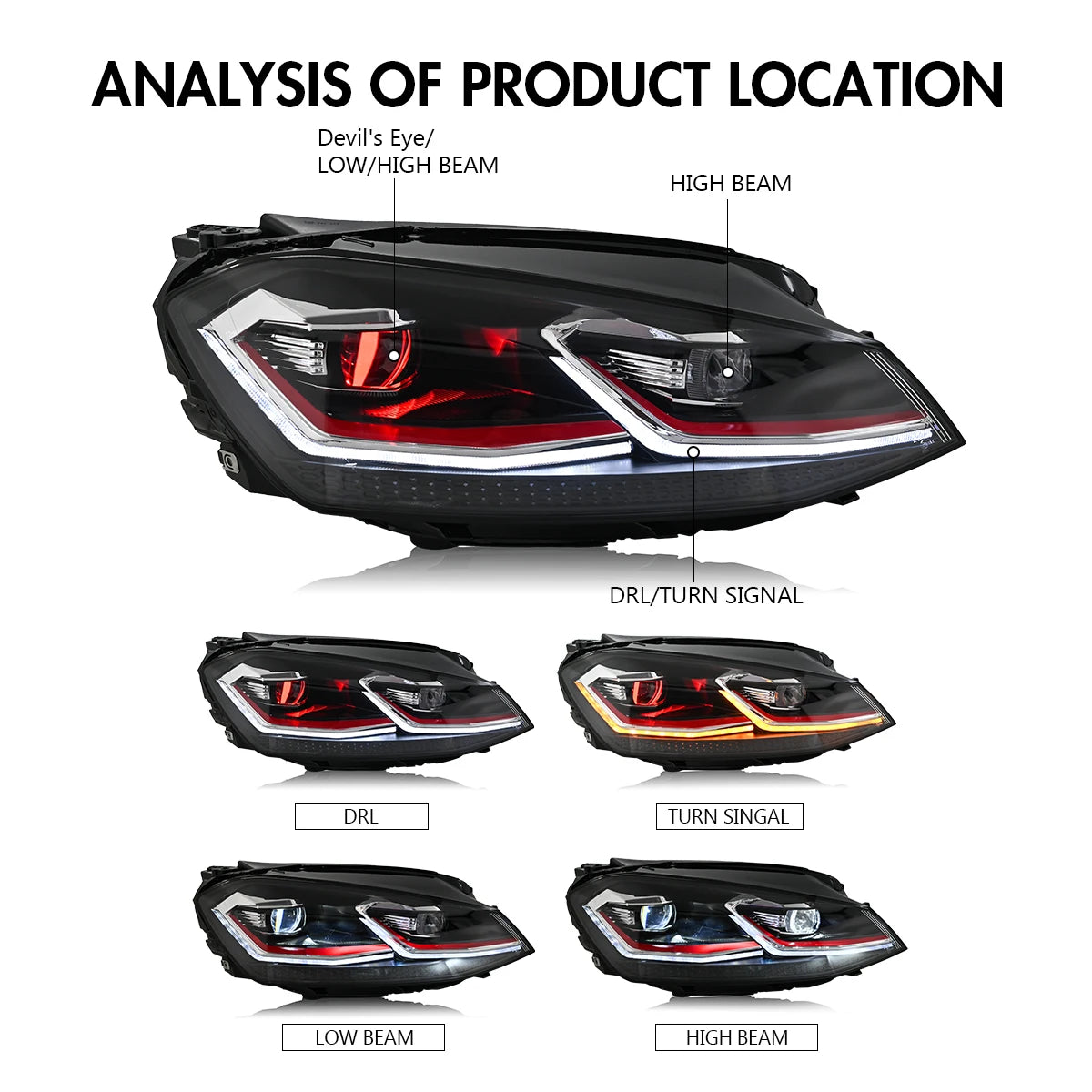 LED Headlamp Assemblies with Projector Compatible with the 2015-2017、2018–2021 Golf MK7/7.5 HeadLight