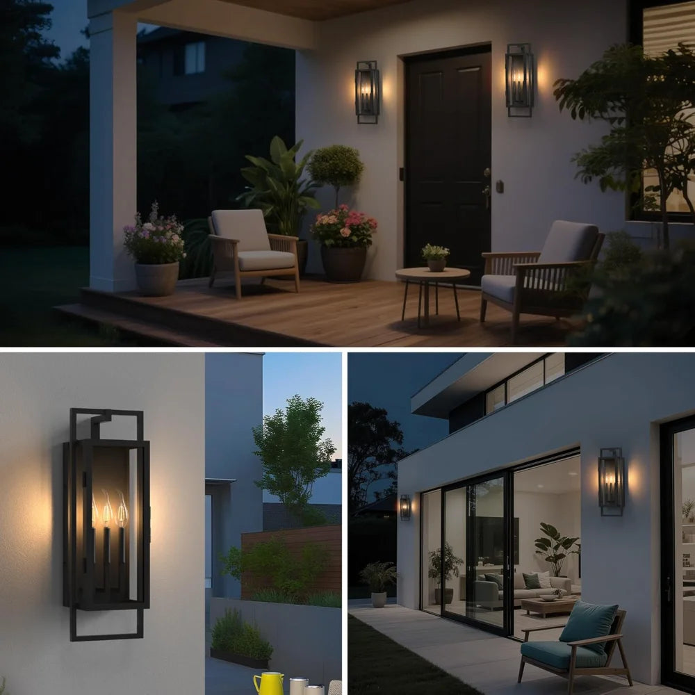 25" 3-Light Outdoor Wall Mount Fixture, Dusk-to-Dawn Black Metal Sconce with Seeded Glass Shade, Auto On/Off Waterproof Porch Light for House Exterior Patio (No Bulb)