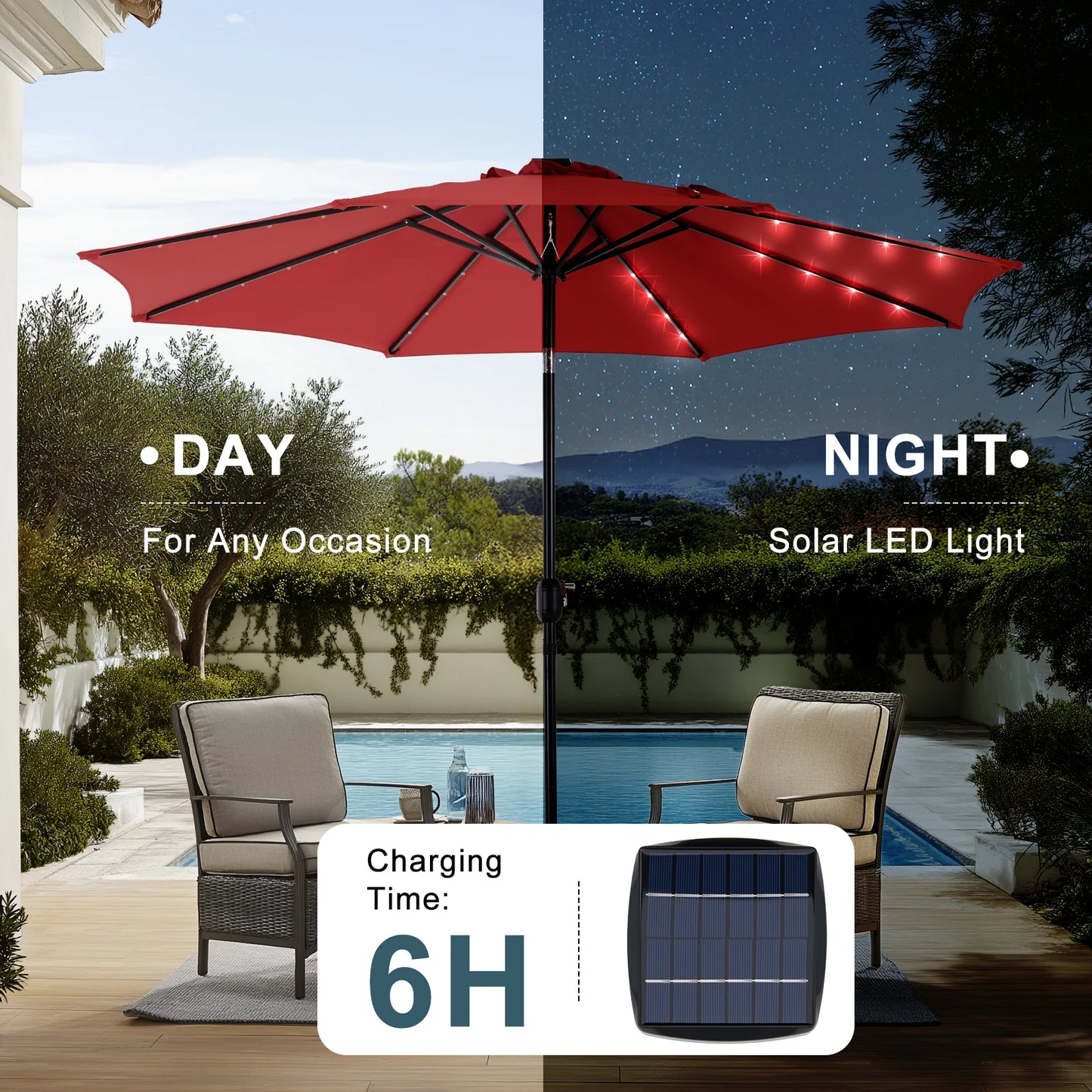 JHK 10Ft Solar Patio Umbrella With Led Lights And Tilt