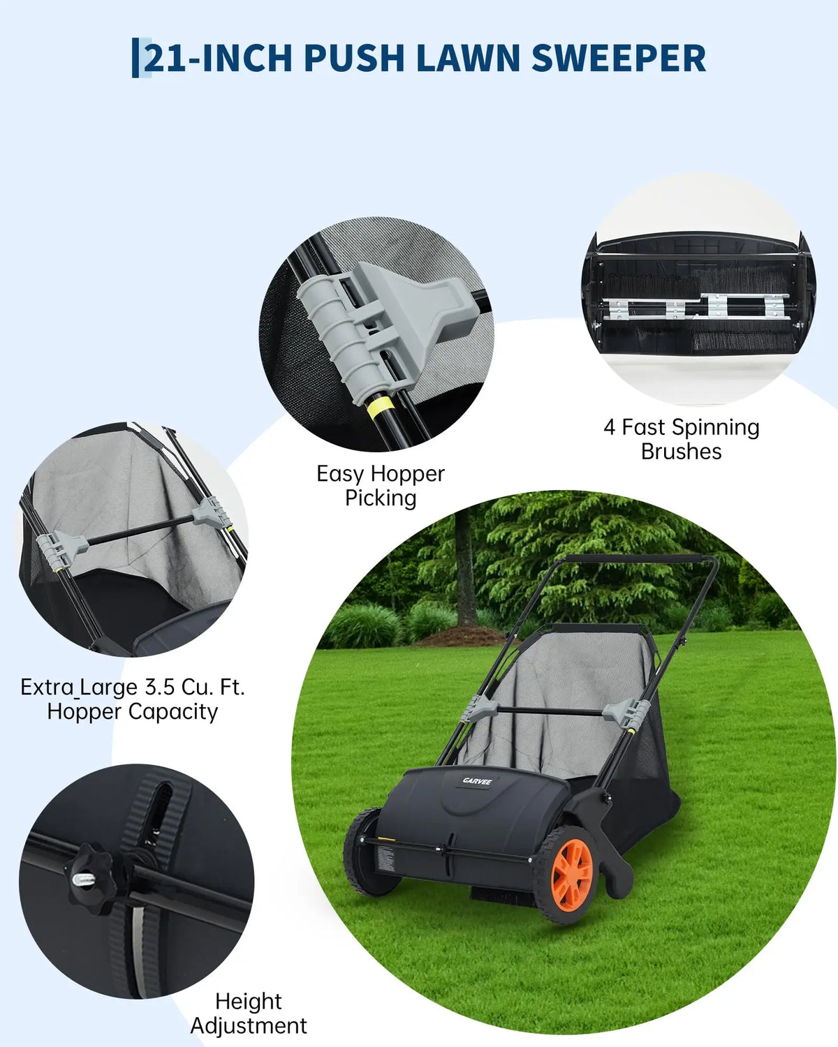 Manual Lawn Sweeper 21-Inch Push Leaf Sweeper With 4 Brushes, 3.5 Cu. Ft. Hopper, Height Adjustable For Yard, Patio, Driveway