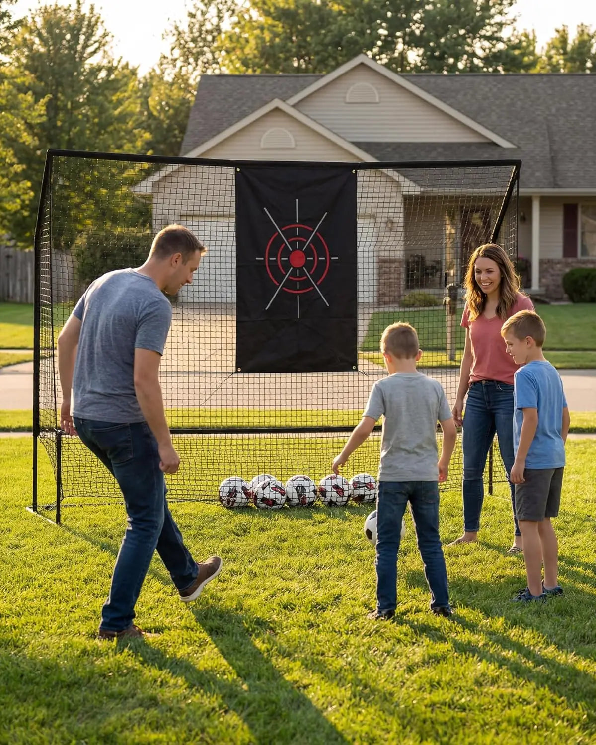Black Golf Hitting Practice Net with Aiming Panel | lightweight foldable frame design, built-in bottom ball storage pocket, fit indoor garage and backyard outdoor swing practice