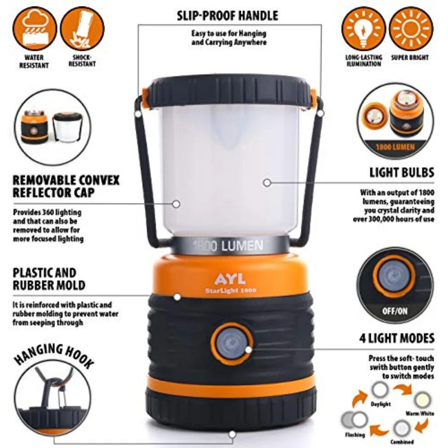 LED Camping Lantern Rechargeable, 1800LM, 4 Light Modes, 4400mAh Power Bank, IP44 Waterproof, Perfect Lantern Flashlight for Hu