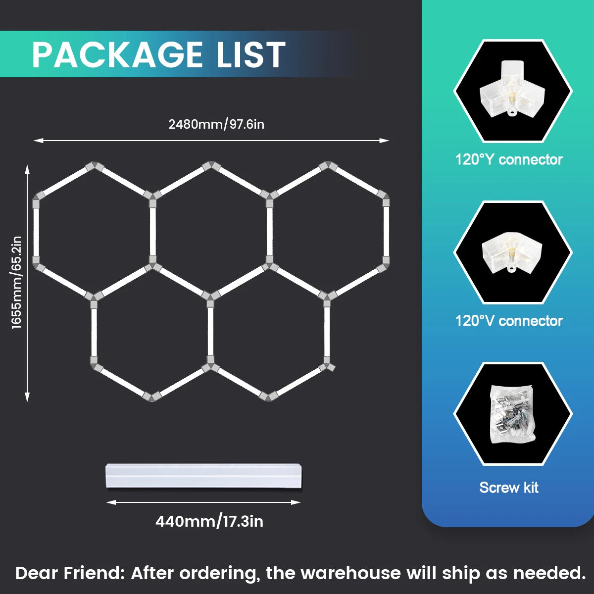 Local Warehouse: A set of honeycomb hexagonal structures with various shapes, 6500K cold white light lifting and screw installation, suitable for warehouses, 4S workshops,wash shops, and hair salons, installed on garage ceili