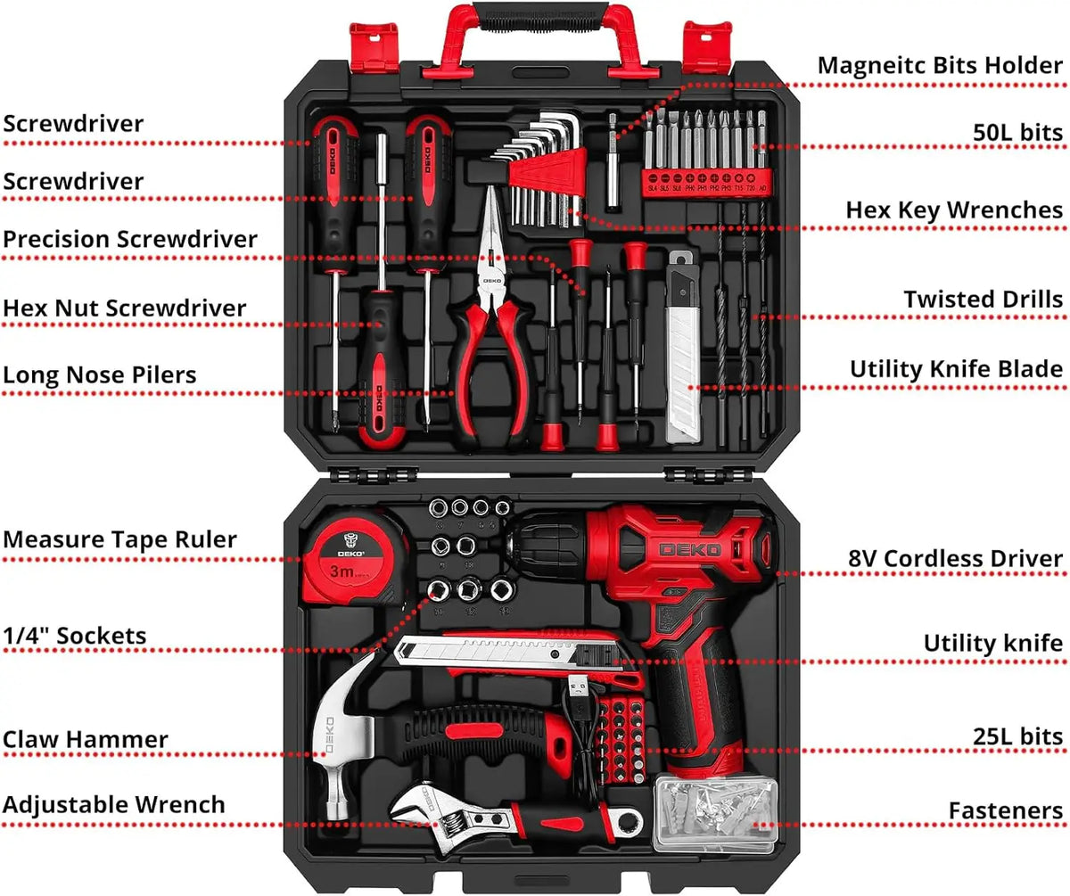 DEKO Cordless Drill and Household Tool Kit