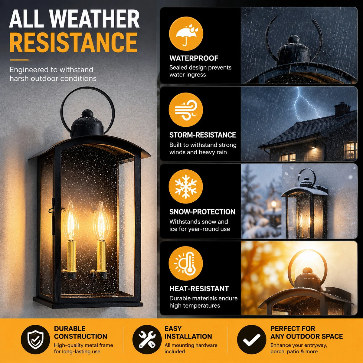 19.7 in Dusk to Dawn Outdoor Wall Sconce, Matte Black Waterproof large exterior lantern with front-open window design for patio, porch, and entry walls(not included bulbs)