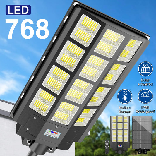5000W 768‑LED Solar LED Street Light, IP65 Waterproof Outdoor Security Flood Light, Motion Sensor & Remote Control, Dusk‑to‑Dawn Auto On/Off, Easy Installation for Garden, Patio, Garage, Driveway, Commercial Parking Lot