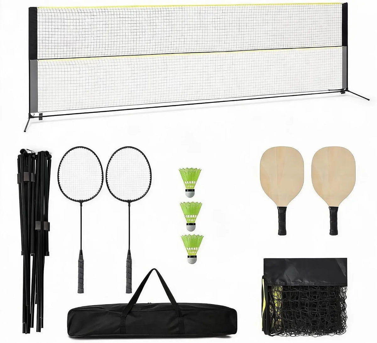 Tacleekii Badminton Net 16.8ft, Portable Set with 4 Rackets, Height Adjustable 3.5-5ft,16.8ft Court,4 Players,4 Sports In One Net,Kit + Carry Bag Included,Tool-Free Setup