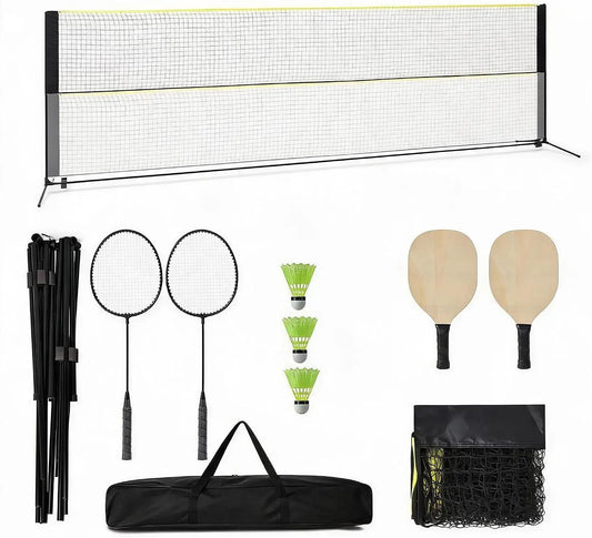 Tacleekii Badminton Net 16.8ft, Portable Set with 4 Rackets, Height Adjustable 3.5-5ft,16.8ft Court,4 Players,4 Sports In One Net,Kit + Carry Bag Included,Tool-Free Setup