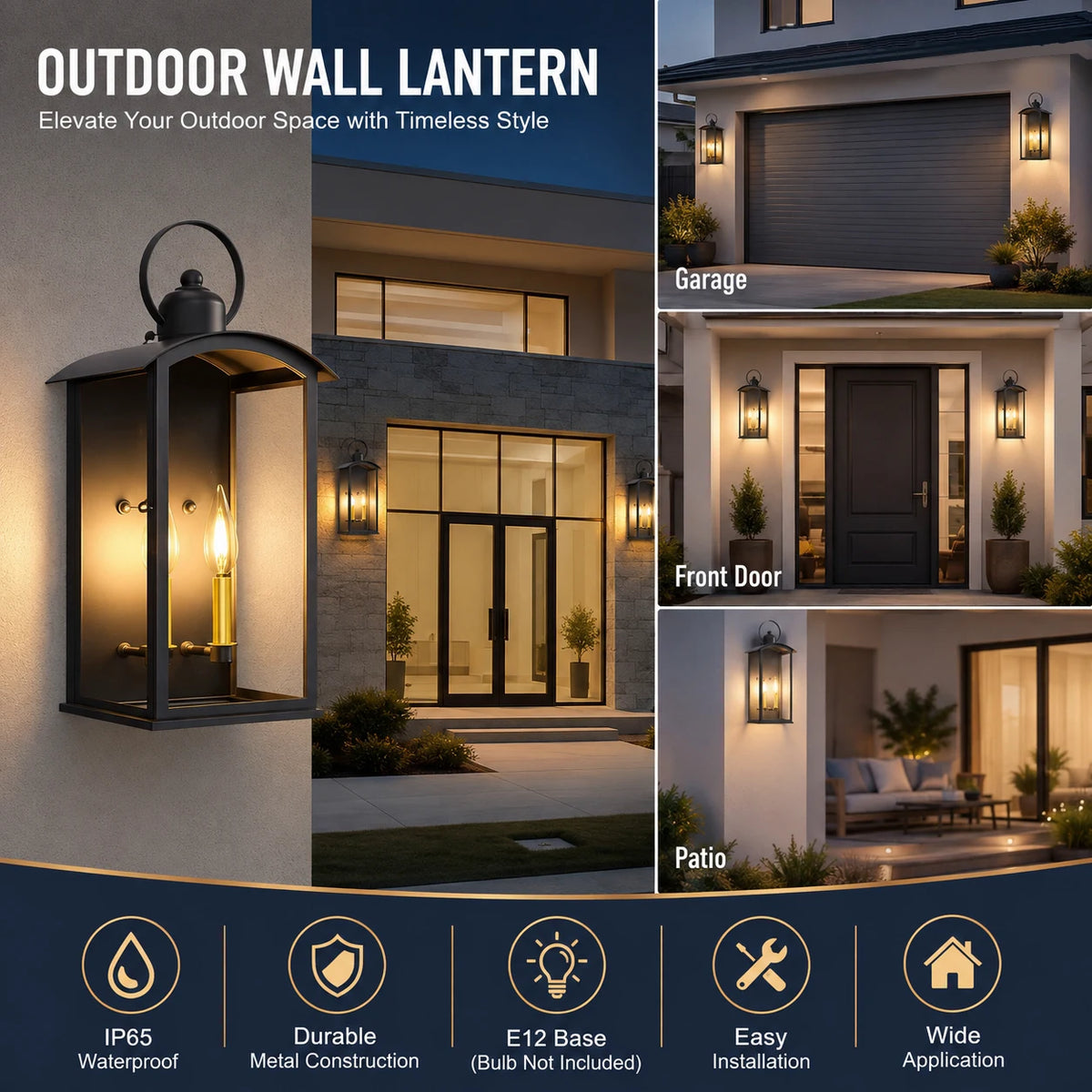 19.7 in Dusk to Dawn Outdoor Wall Sconce, Matte Black Waterproof large exterior lantern with front-open window design for patio, porch, and entry walls(not included bulbs)
