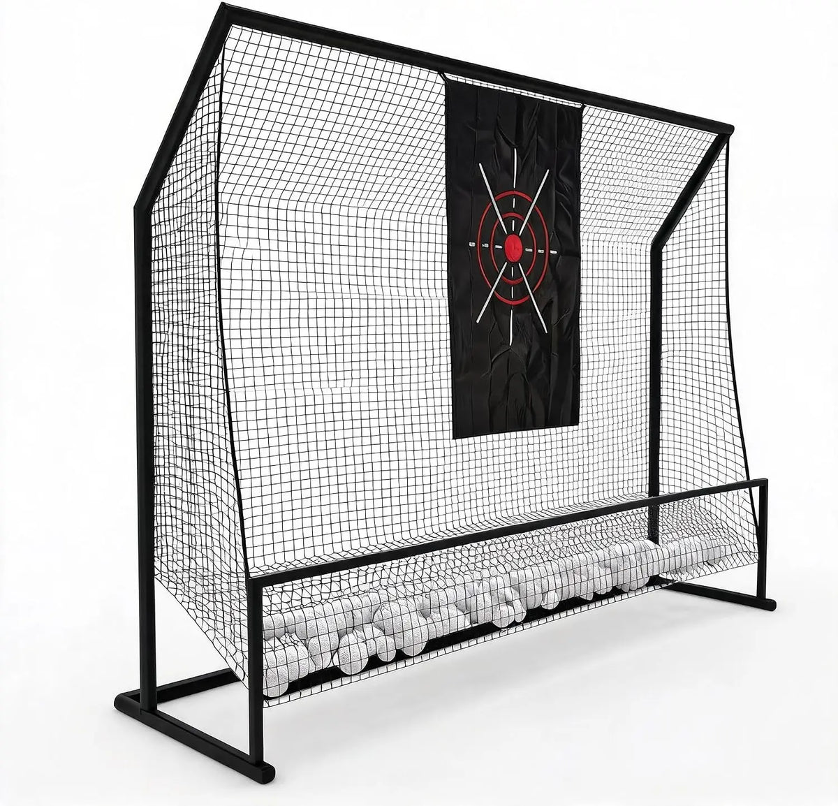 Black Golf Hitting Practice Net with Aiming Panel | lightweight foldable frame design, built-in bottom ball storage pocket, fit indoor garage and backyard outdoor swing practice
