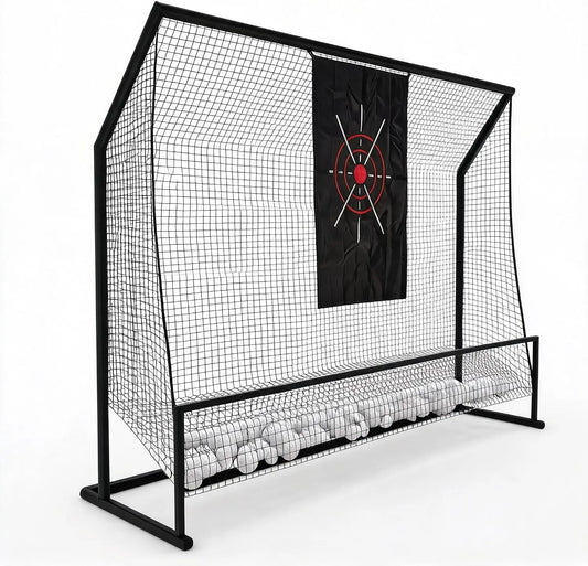 Black Golf Hitting Practice Net with Aiming Panel | lightweight foldable frame design, built-in bottom ball storage pocket, fit indoor garage and backyard outdoor swing practice