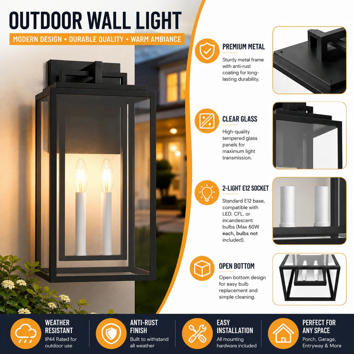 2 - Light 18'' H Black and White E12 Base Outdoor Wall Light with Clear Tempered Glass(not included bulbs)