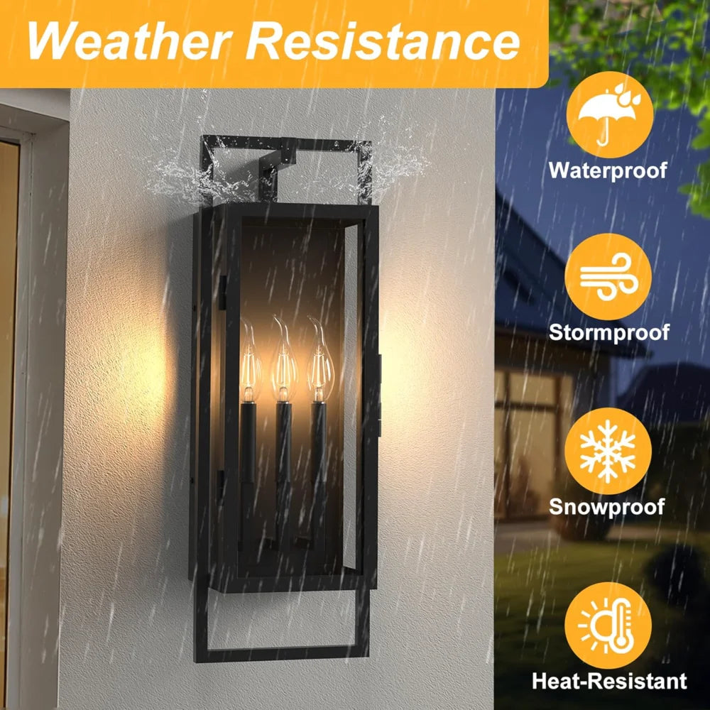 25" 3-Light Outdoor Wall Mount Fixture, Dusk-to-Dawn Black Metal Sconce with Seeded Glass Shade, Auto On/Off Waterproof Porch Light for House Exterior Patio (No Bulb)