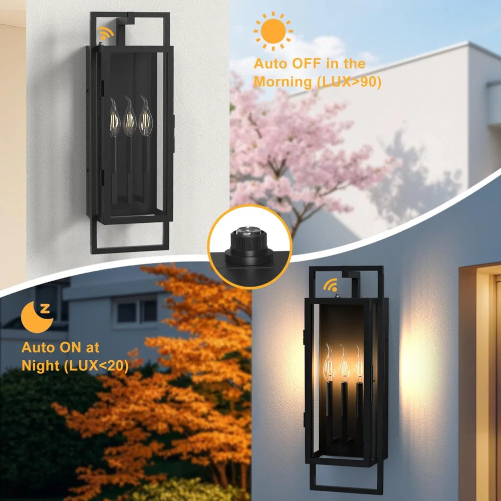 25" 3-Light Outdoor Wall Mount Fixture, Dusk-to-Dawn Black Metal Sconce with Seeded Glass Shade, Auto On/Off Waterproof Porch Light for House Exterior Patio (No Bulb)