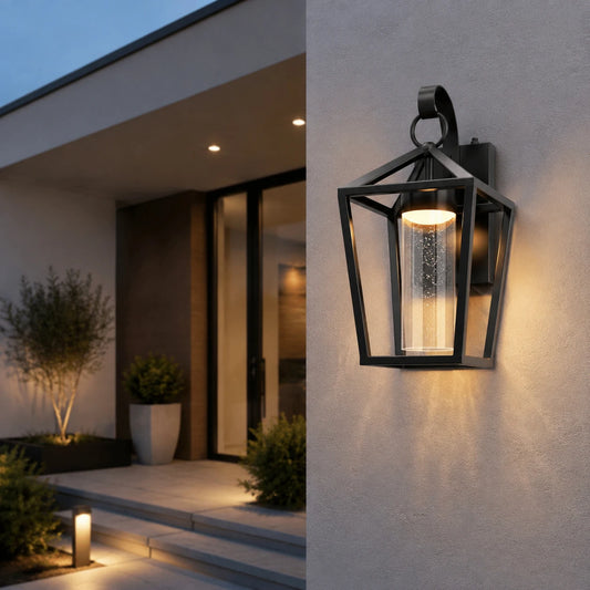Outdoor Dimmable LED Wall Light 15 Inch Black Seeded Glass Dusk to Dawn Auto On/Off Sconce for Porch Patio Entryway